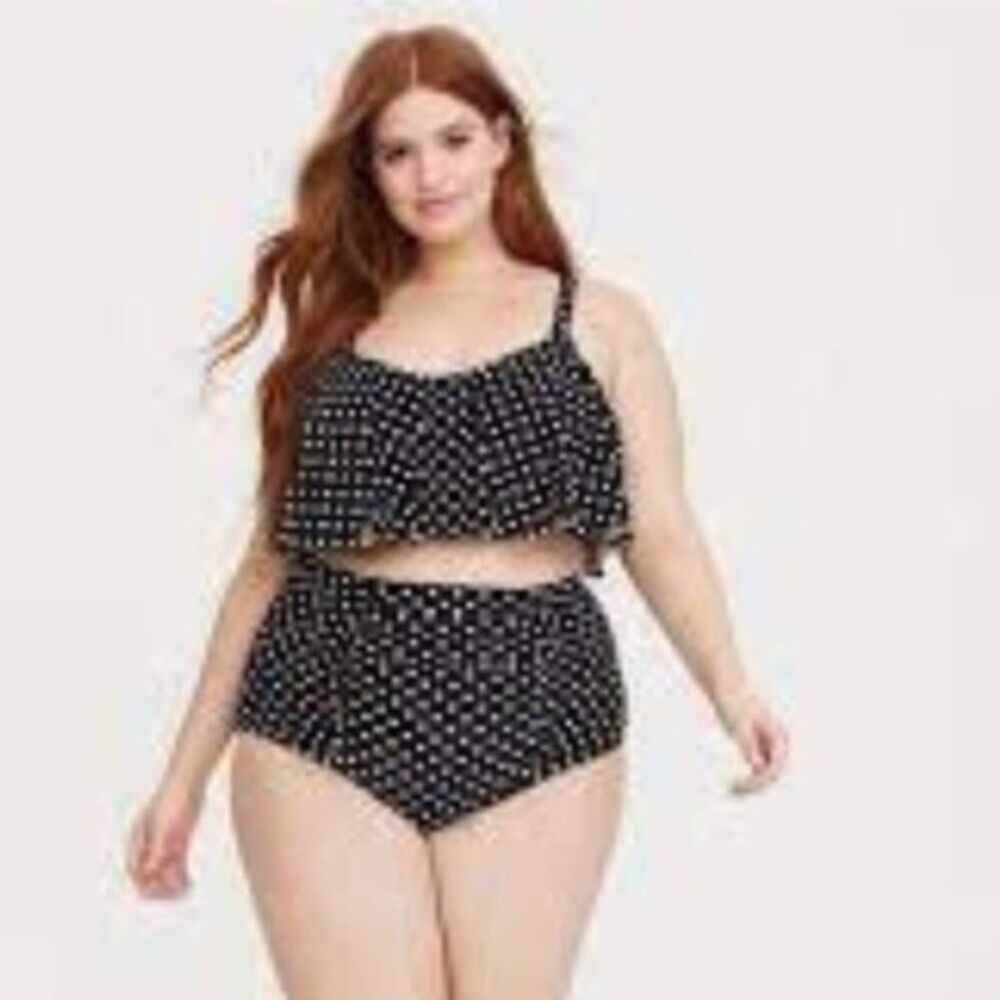 Torrid Wireless Straight Flounce Bikini Top High Rise Ruched Bottom Set Dot